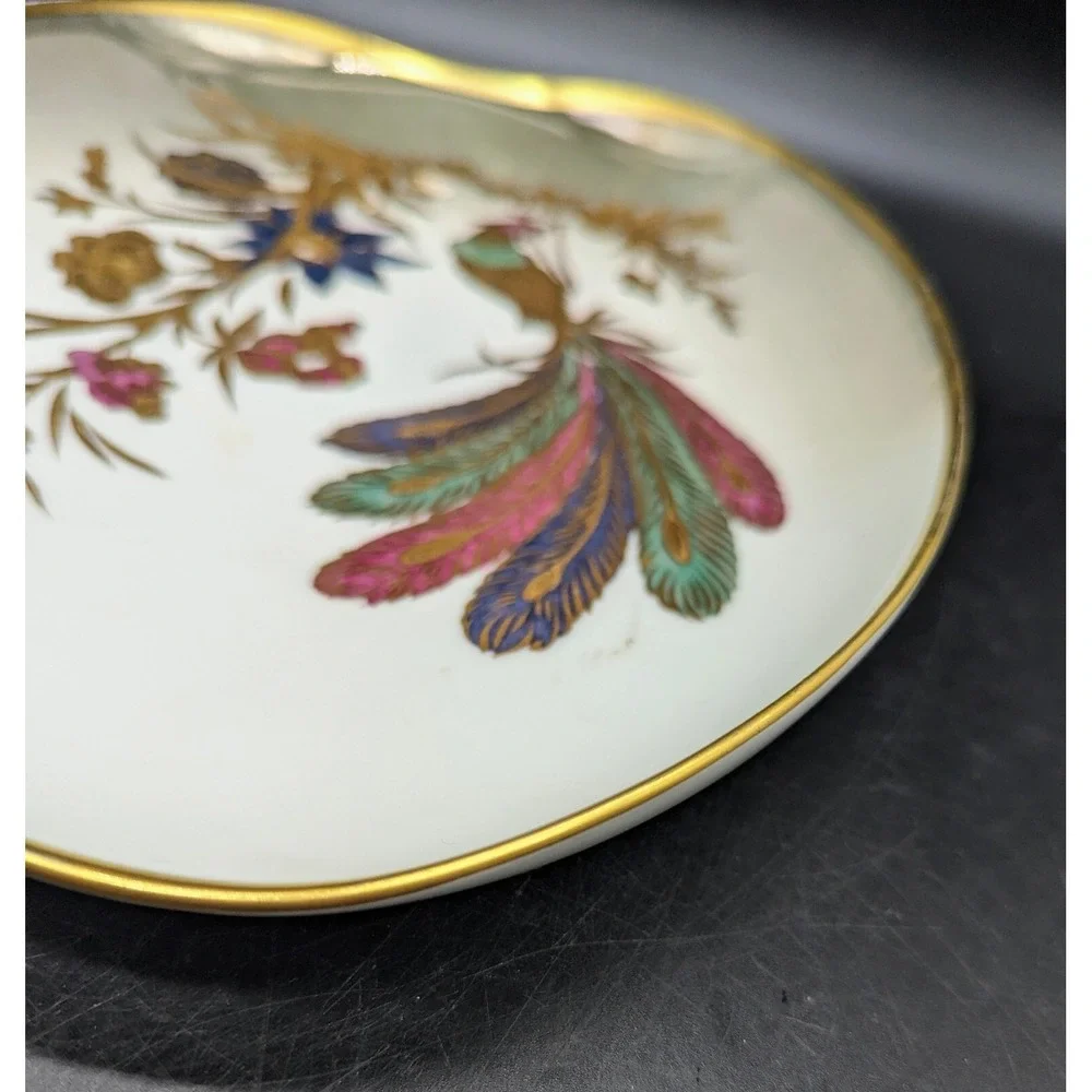 Vintage Dipinto A Mano Longo Oro Zecchino Italy Oval Dish Pheasant Bird Flower